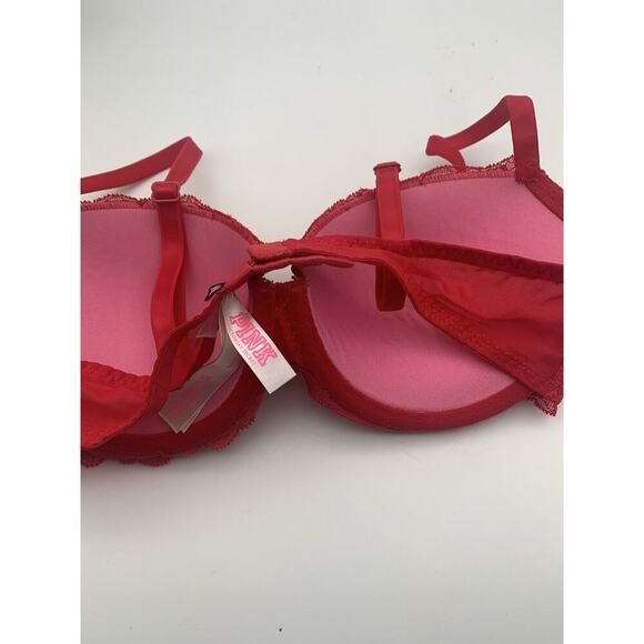 Pink Victorias Secret Date Push Up Bra Red W Lace 36C Padded Convertible Straps - Picture 7 of 8